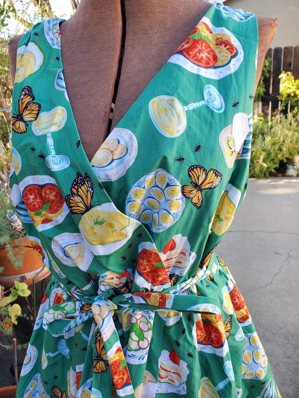 Modcloth Green Sleeveless Wrap Dress with Playful Food & Butterfly Print - Picture 2 of 8